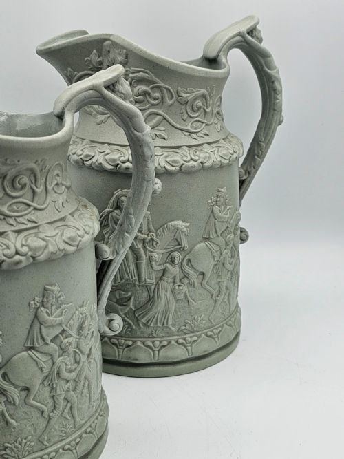 Beautiful Trio Of Antique Ridgway Parian Jugs In A Delightful Light Sage Green