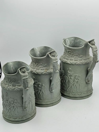 Beautiful Trio Of Antique Ridgway Parian Jugs In A Delightful Light Sage Green