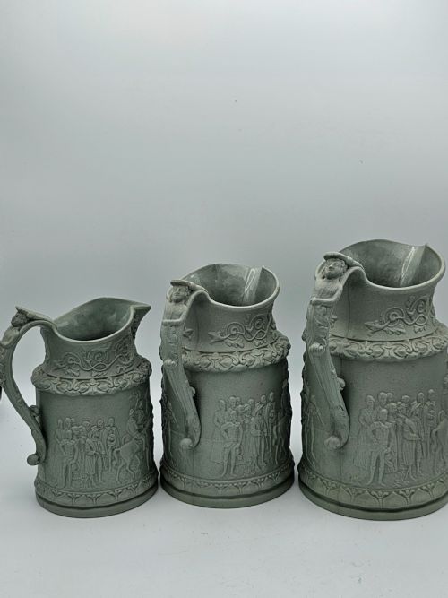 Beautiful Trio Of Antique Ridgway Parian Jugs In A Delightful Light Sage Green