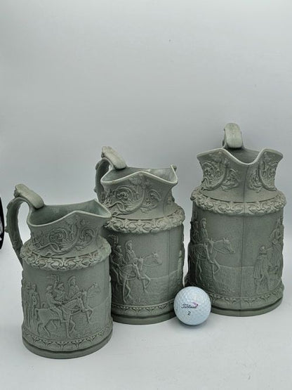 Beautiful Trio Of Antique Ridgway Parian Jugs In A Delightful Light Sage Green