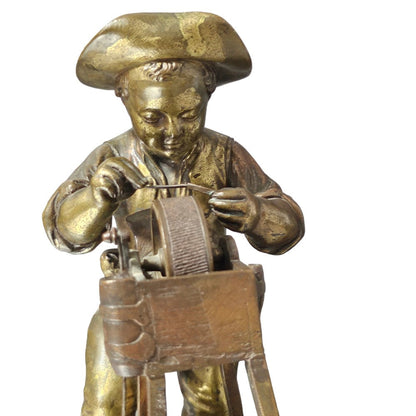 Charles-louis Menne (swedish, 1822–1894) A Gilt Bronze Match Holder & Striker, Cast As A Boy Sharpening A Knife Upon A Grinding Wheel