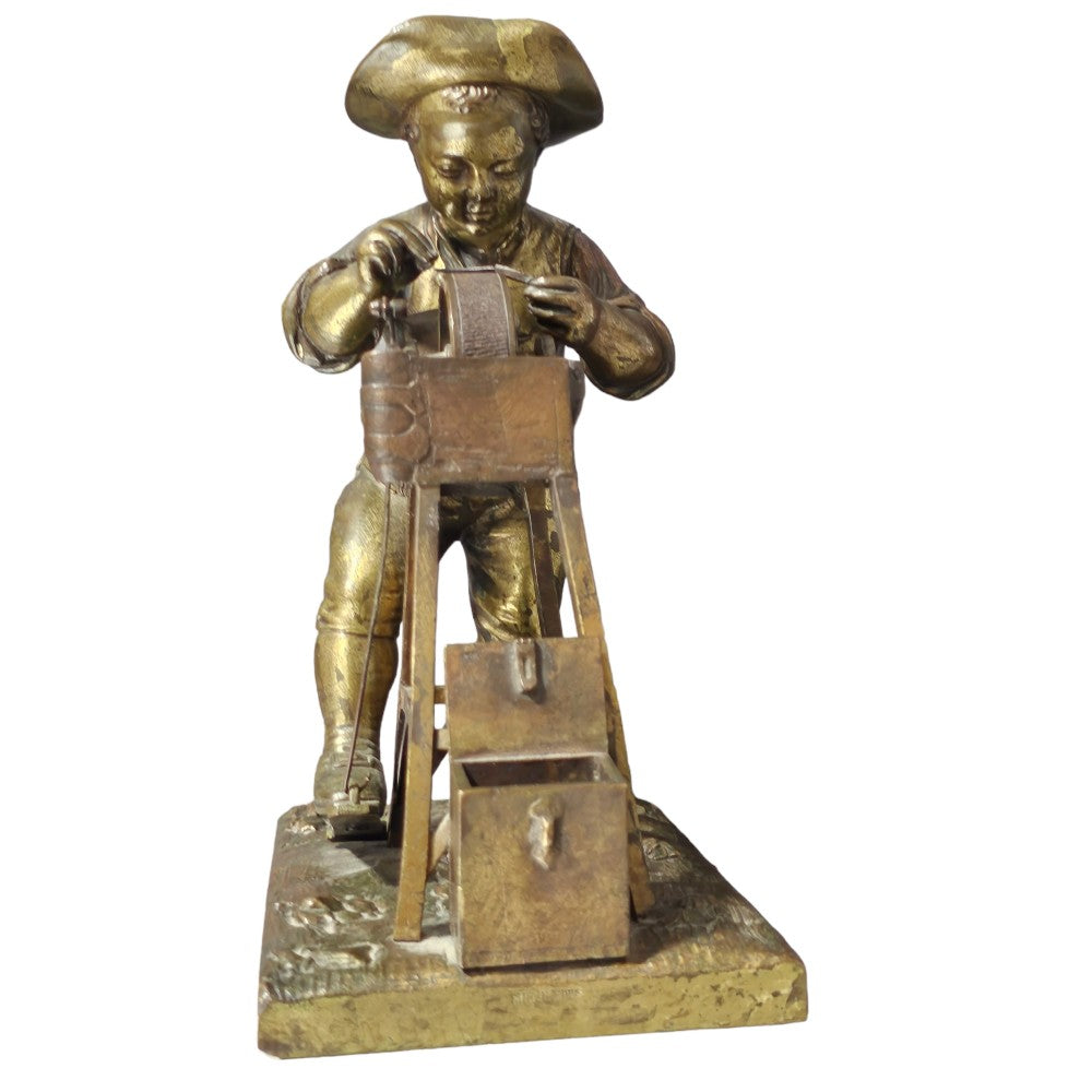 Charles-louis Menne (swedish, 1822–1894) A Gilt Bronze Match Holder & Striker, Cast As A Boy Sharpening A Knife Upon A Grinding Wheel