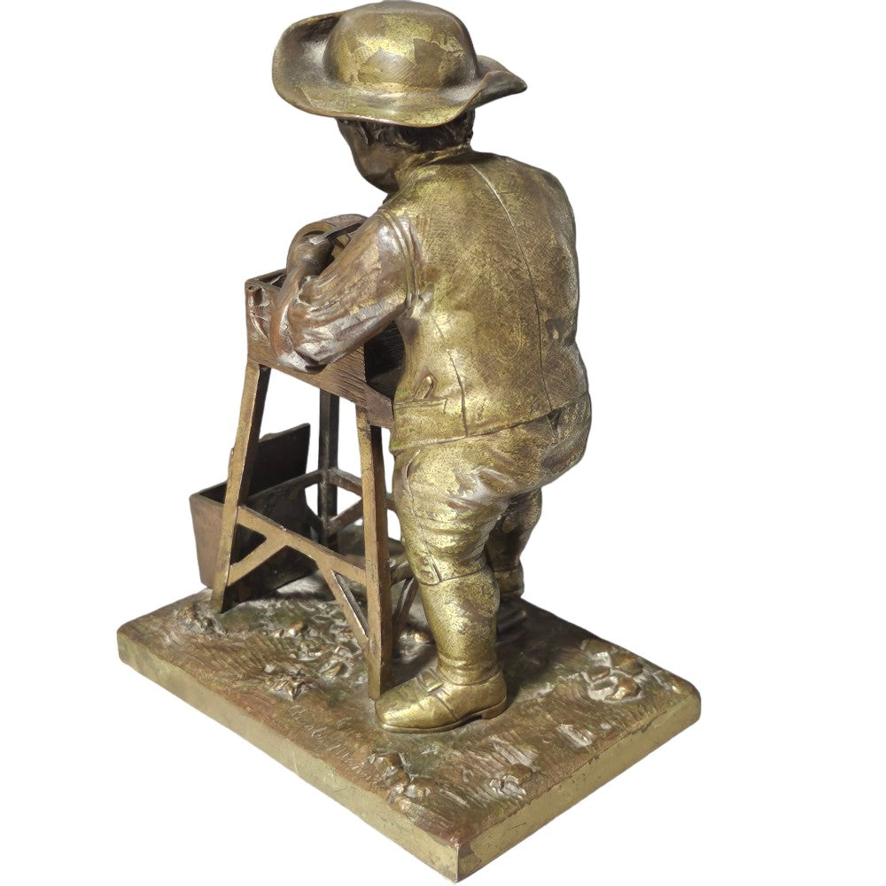 Charles-louis Menne (swedish, 1822–1894) A Gilt Bronze Match Holder & Striker, Cast As A Boy Sharpening A Knife Upon A Grinding Wheel