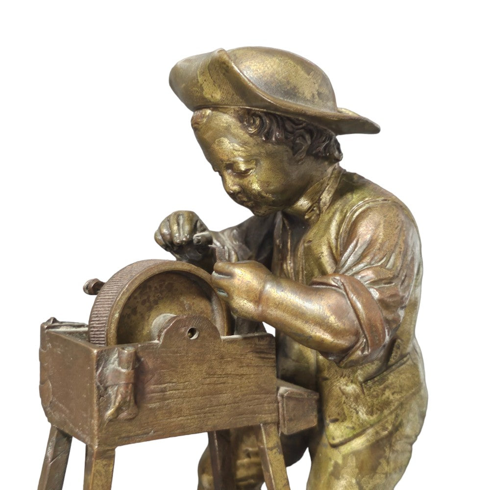 Charles-louis Menne (swedish, 1822–1894) A Gilt Bronze Match Holder & Striker, Cast As A Boy Sharpening A Knife Upon A Grinding Wheel