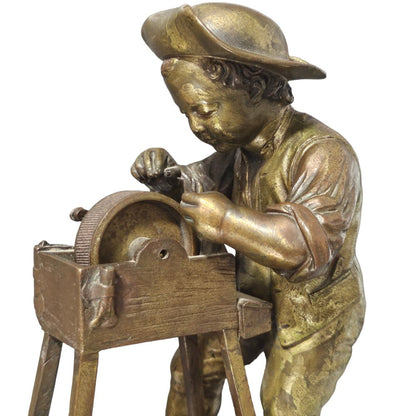 Charles-louis Menne (swedish, 1822–1894) A Gilt Bronze Match Holder & Striker, Cast As A Boy Sharpening A Knife Upon A Grinding Wheel