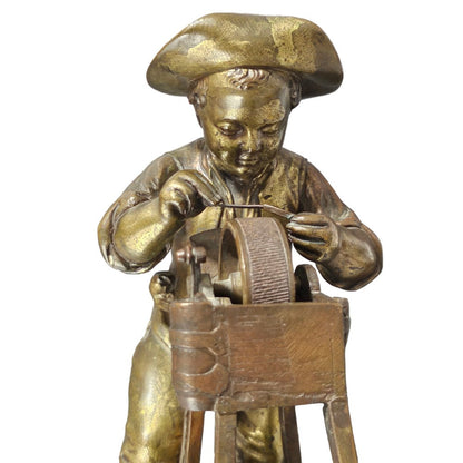 Charles-louis Menne (swedish, 1822–1894) A Gilt Bronze Match Holder & Striker, Cast As A Boy Sharpening A Knife Upon A Grinding Wheel