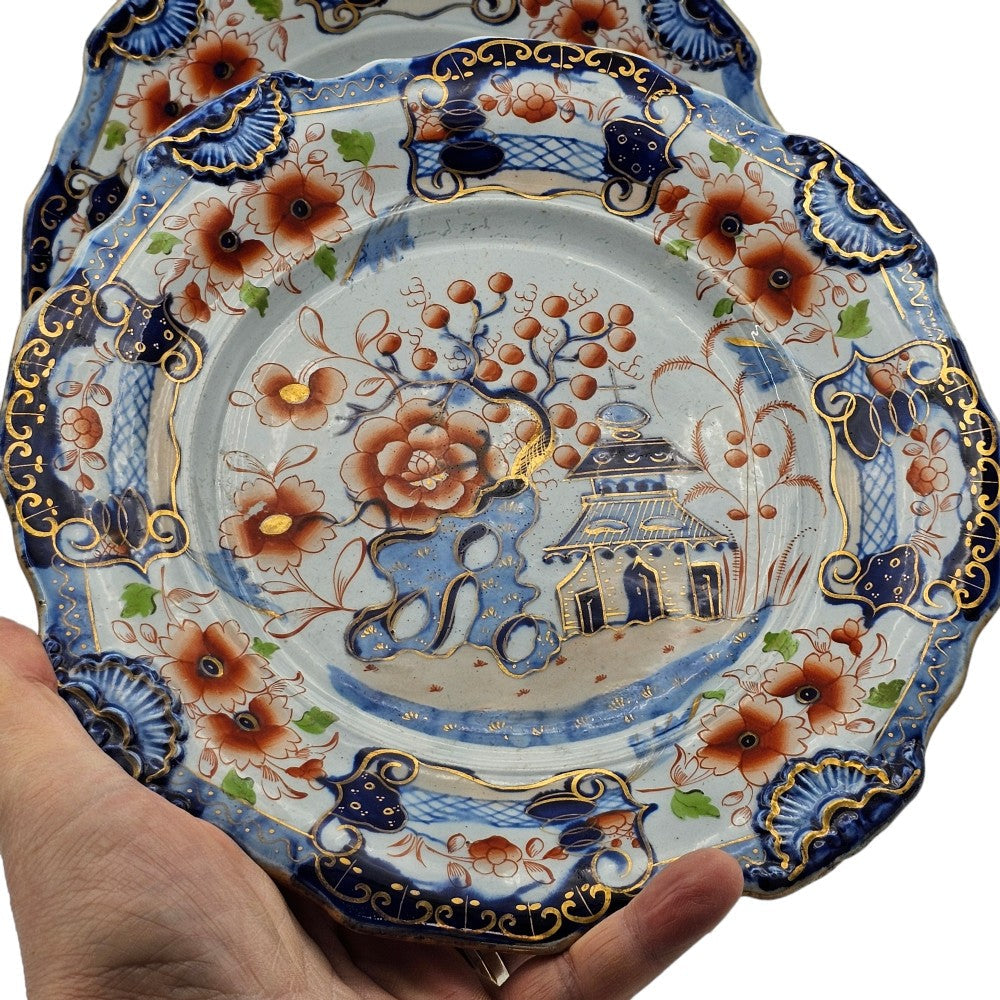 Pair Of C1820 Ironstone China Mason's Style Indented Plates In A Striking 'japan' Pattern