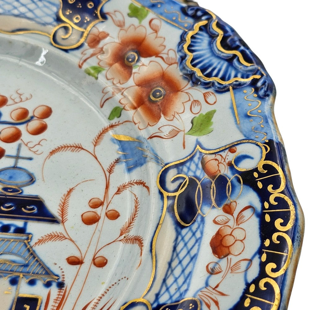 Pair Of C1820 Ironstone China Mason's Style Indented Plates In A Striking 'japan' Pattern