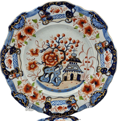 Pair Of C1820 Ironstone China Mason's Style Indented Plates In A Striking 'japan' Pattern