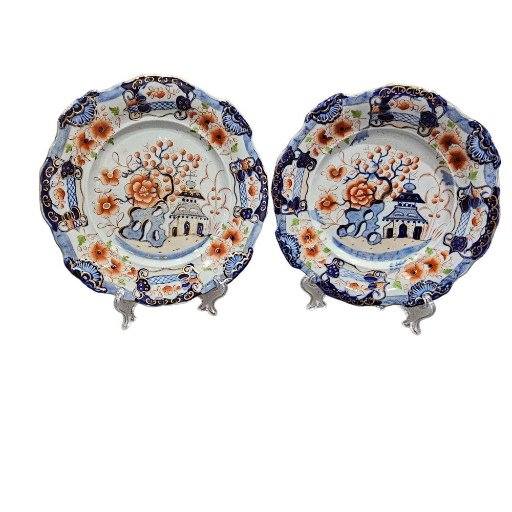 Pair Of C1820 Ironstone China Mason's Style Indented Plates In A Striking 'japan' Pattern