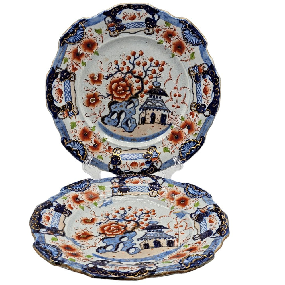 Pair Of C1820 Ironstone China Mason's Style Indented Plates In A Striking 'japan' Pattern