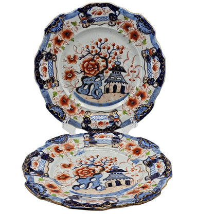 Pair Of C1820 Ironstone China Mason's Style Indented Plates In A Striking 'japan' Pattern