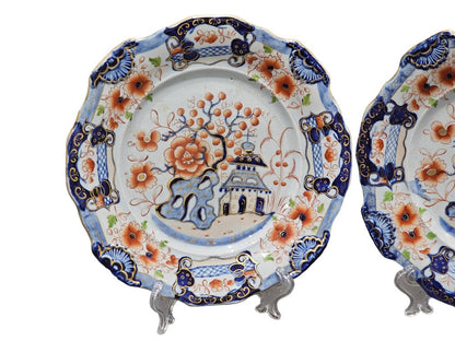 Pair Of C1820 Ironstone China Mason's Style Indented Plates In A Striking 'japan' Pattern