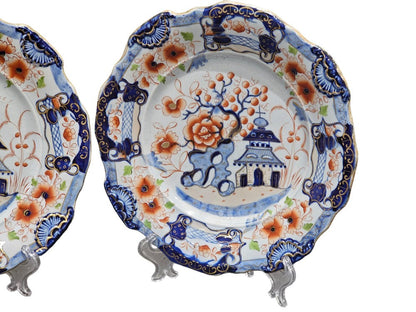 Pair Of C1820 Ironstone China Mason's Style Indented Plates In A Striking 'japan' Pattern