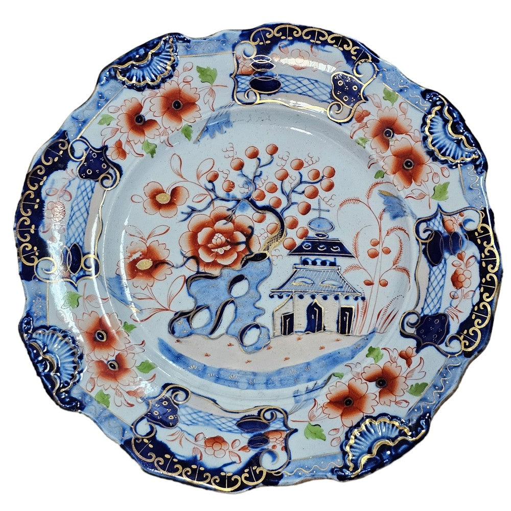 Pair Of C1820 Ironstone China Mason's Style Indented Plates In A Striking 'japan' Pattern