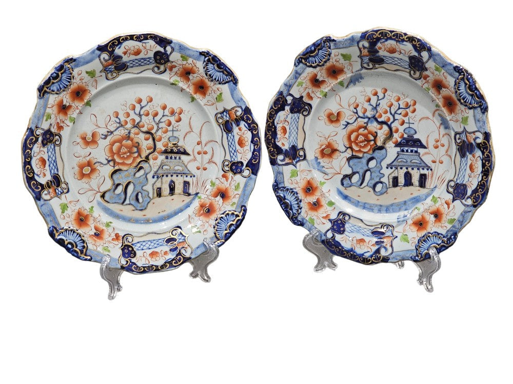 Pair Of C1820 Ironstone China Mason's Style Indented Plates In A Striking 'japan' Pattern