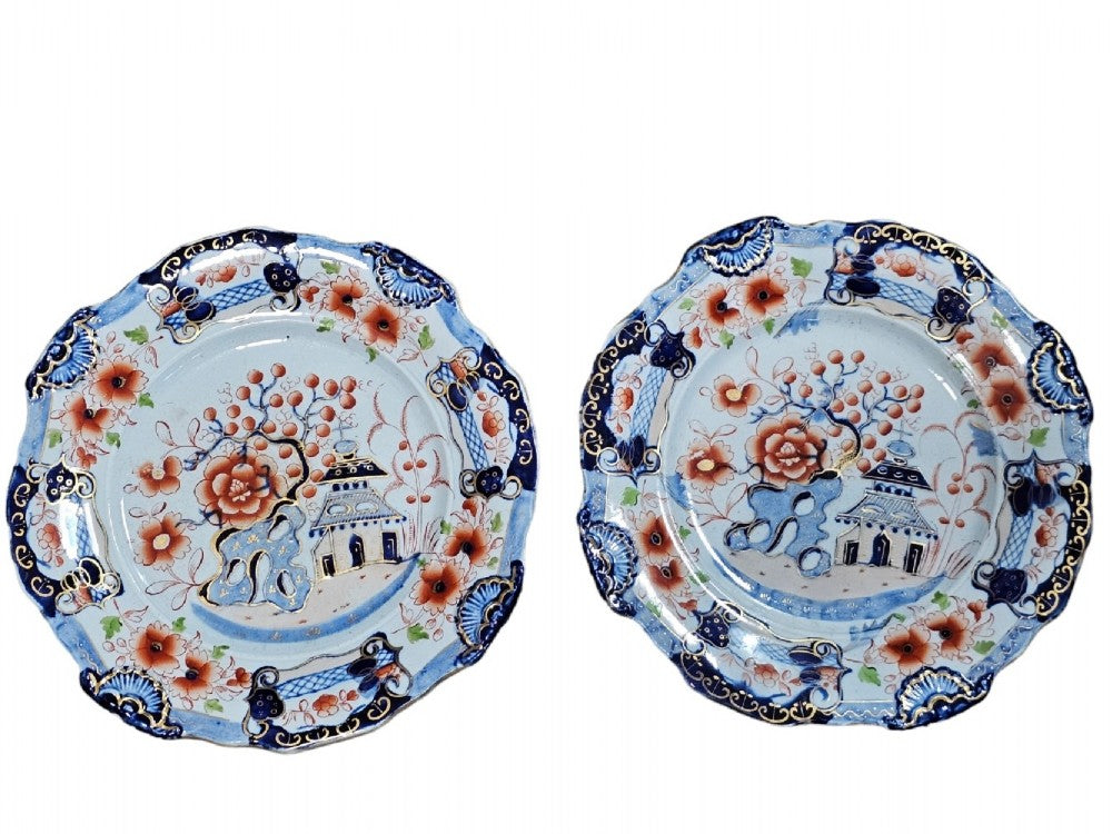 Pair Of C1820 Ironstone China Mason's Style Indented Plates In A Striking 'japan' Pattern