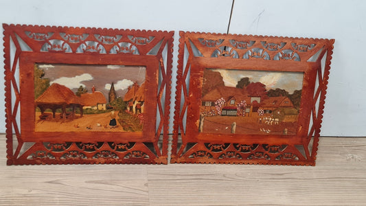 Unusual Folk Art Pair Of Fretted Diorama Type Pictures, C1900