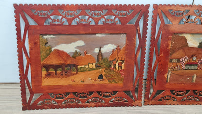 Unusual Folk Art Pair Of Fretted Diorama Type Pictures, C1900