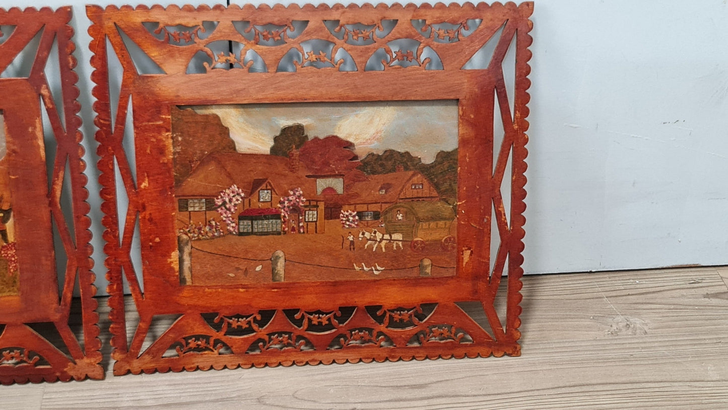 Unusual Folk Art Pair Of Fretted Diorama Type Pictures, C1900