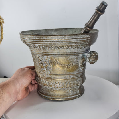 Huge Antique Bronze Mortar & Pestle 25cm Diameter