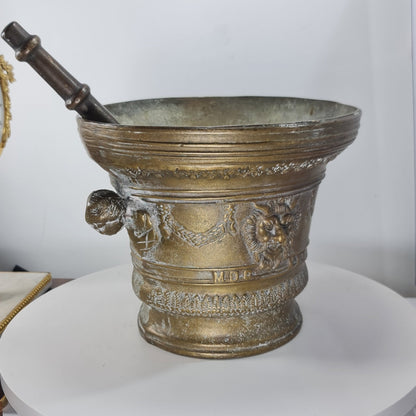 Huge Antique Bronze Mortar & Pestle 25cm Diameter