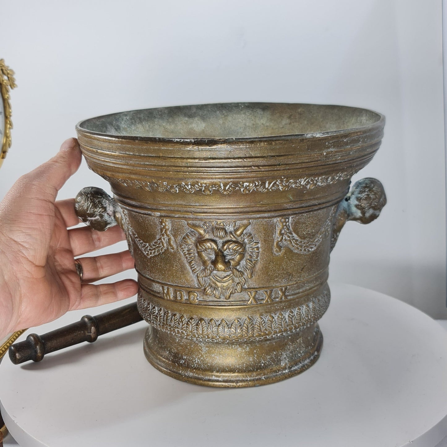 Huge Antique Bronze Mortar & Pestle 25cm Diameter