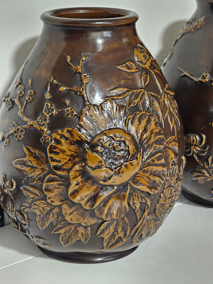 Stunning Pair Of Late 19th/early 20thc Oriental Bronze Vases - Signed