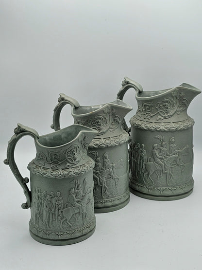 Beautiful Trio Of Antique Ridgway Parian Jugs In A Delightful Light Sage Green