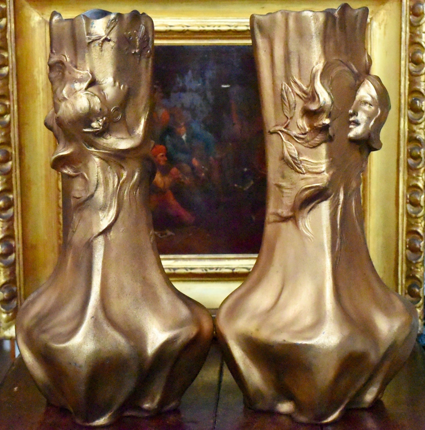 Stunning Antique Pair Of Circa 1900 Bronzed Art Nouveau Vases