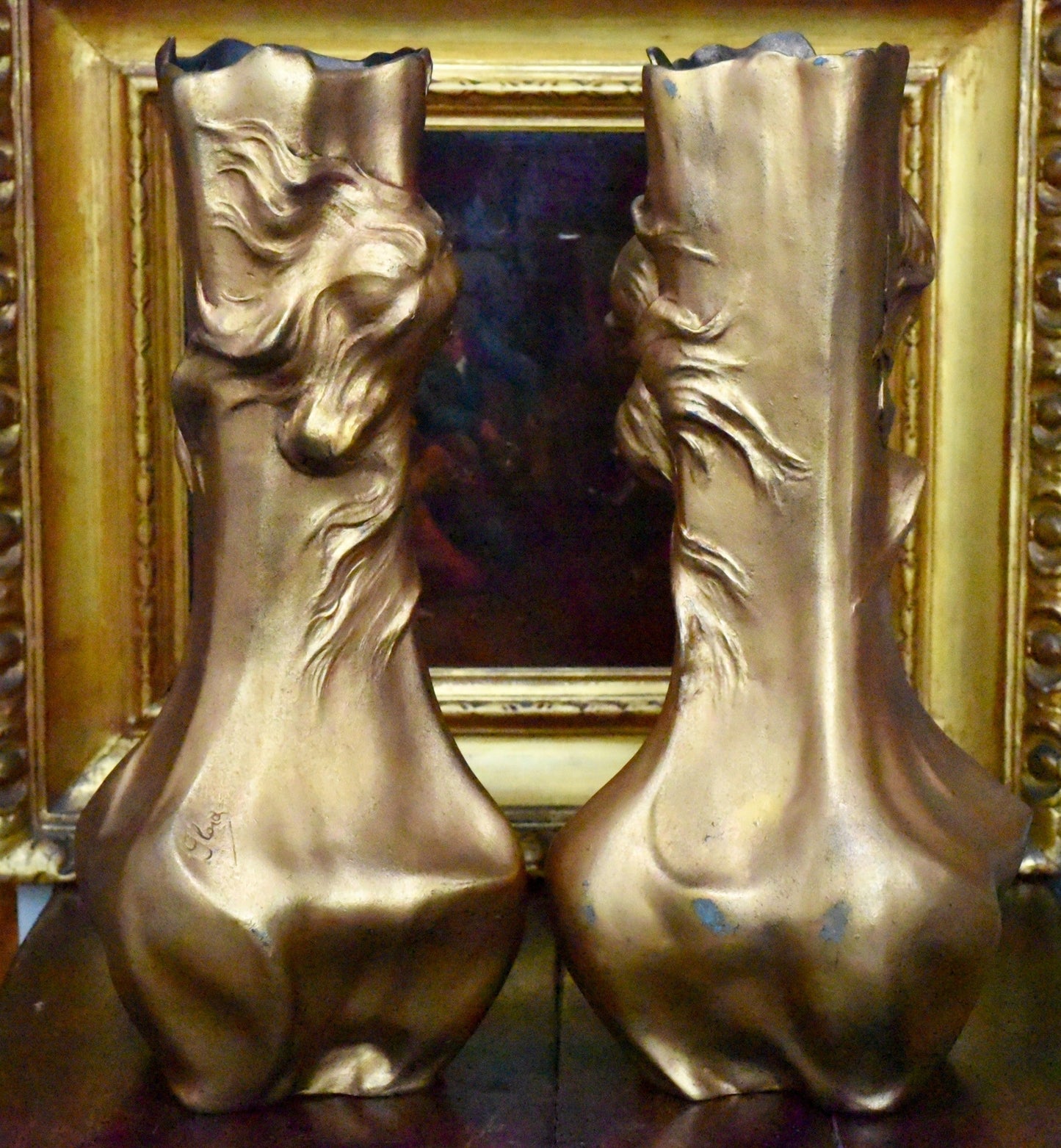 Stunning Antique Pair Of Circa 1900 Bronzed Art Nouveau Vases