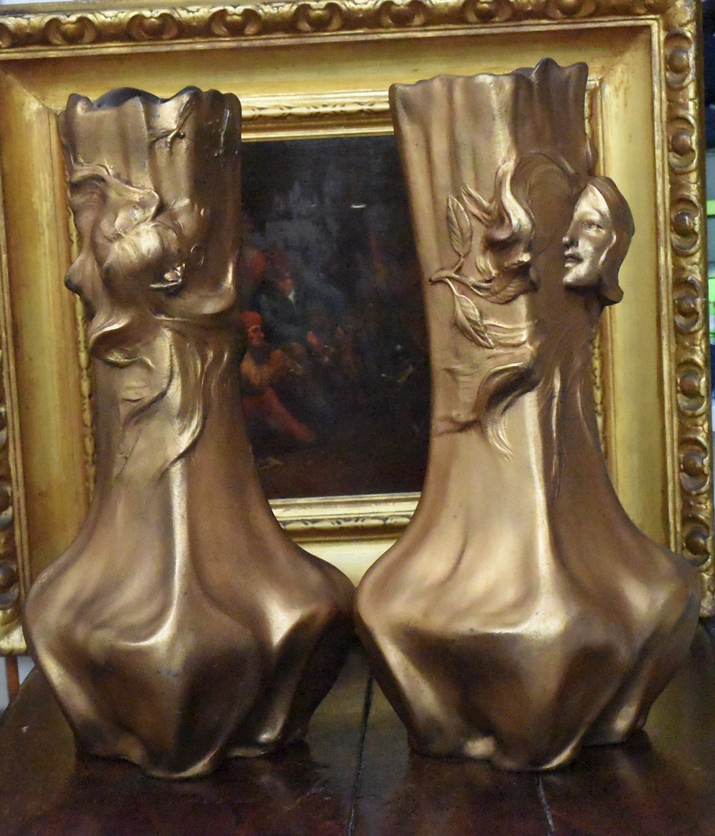 Stunning Antique Pair Of Circa 1900 Bronzed Art Nouveau Vases