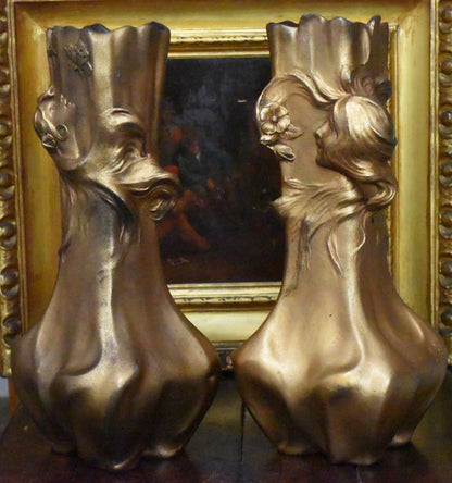 Stunning Antique Pair Of Circa 1900 Bronzed Art Nouveau Vases