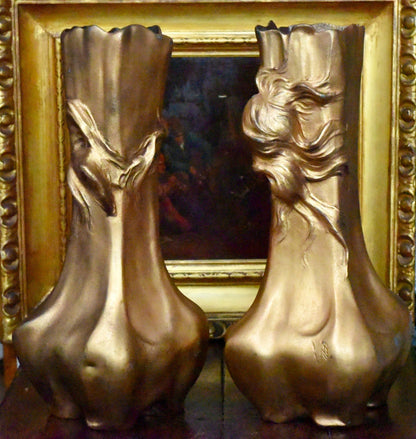 Stunning Antique Pair Of Circa 1900 Bronzed Art Nouveau Vases