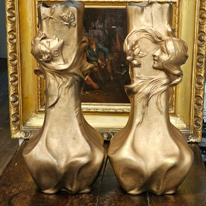 Stunning Antique Pair Of Circa 1900 Bronzed Art Nouveau Vases