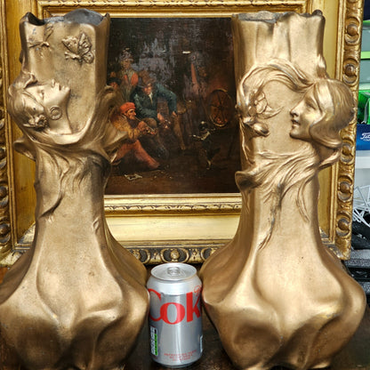 Stunning Antique Pair Of Circa 1900 Bronzed Art Nouveau Vases