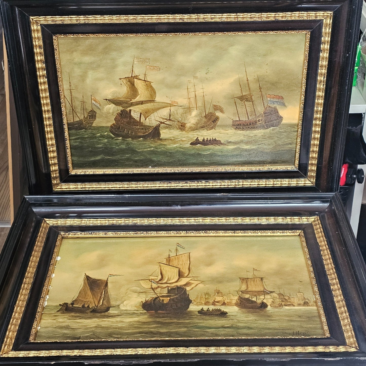 Fabulous Large Pr Of Painted Porcelain Panel Seascapes Signed J.Meyer C1900