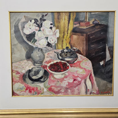 Exceptional Maud Frances Eyston Sumner Oil Painting (south African 1902-1985) Still Life Fruit, Flowers, Hat, Signed, 107cm - 95cm