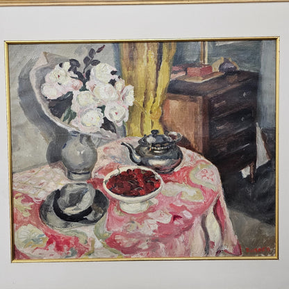 Exceptional Maud Frances Eyston Sumner Oil Painting (south African 1902-1985) Still Life Fruit, Flowers, Hat, Signed, 107cm - 95cm