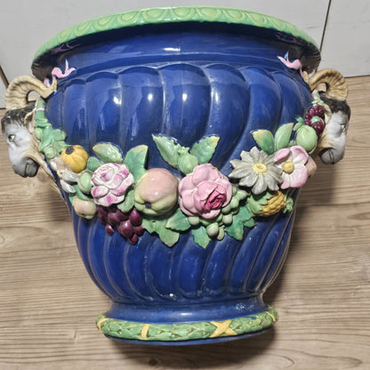 Huge Minton Majolica 'rams Head Garden Pot' Jardiniere C.1855 Designed By Baron Carlos Marochetti 49cm X 38cm