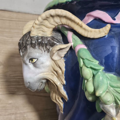 Huge Minton Majolica 'rams Head Garden Pot' Jardiniere C.1855 Designed By Baron Carlos Marochetti 49cm X 38cm