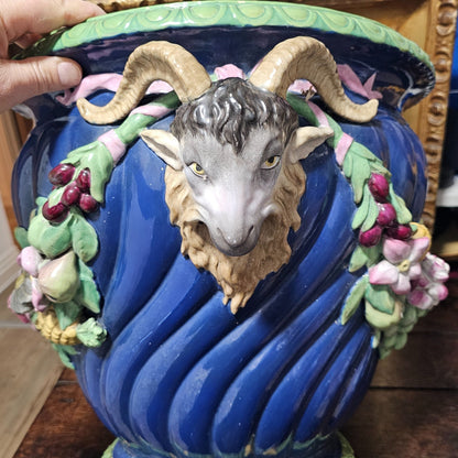 Huge Minton Majolica 'rams Head Garden Pot' Jardiniere C.1855 Designed By Baron Carlos Marochetti 49cm X 38cm