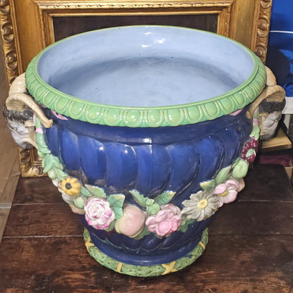 Huge Minton Majolica 'rams Head Garden Pot' Jardiniere C.1855 Designed By Baron Carlos Marochetti 49cm X 38cm