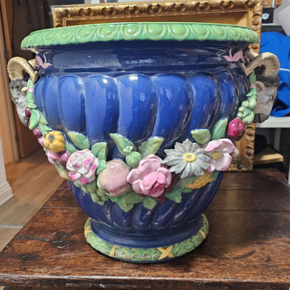 Huge Minton Majolica 'rams Head Garden Pot' Jardiniere C.1855 Designed By Baron Carlos Marochetti 49cm X 38cm