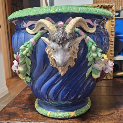 Huge Minton Majolica 'rams Head Garden Pot' Jardiniere C.1855 Designed By Baron Carlos Marochetti 49cm X 38cm