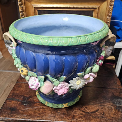 Huge Minton Majolica 'rams Head Garden Pot' Jardiniere C.1855 Designed By Baron Carlos Marochetti 49cm X 38cm