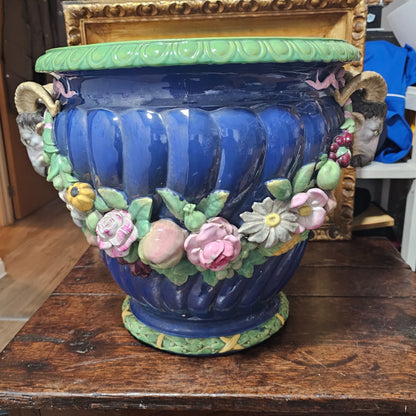 Huge Minton Majolica 'rams Head Garden Pot' Jardiniere C.1855 Designed By Baron Carlos Marochetti 49cm X 38cm