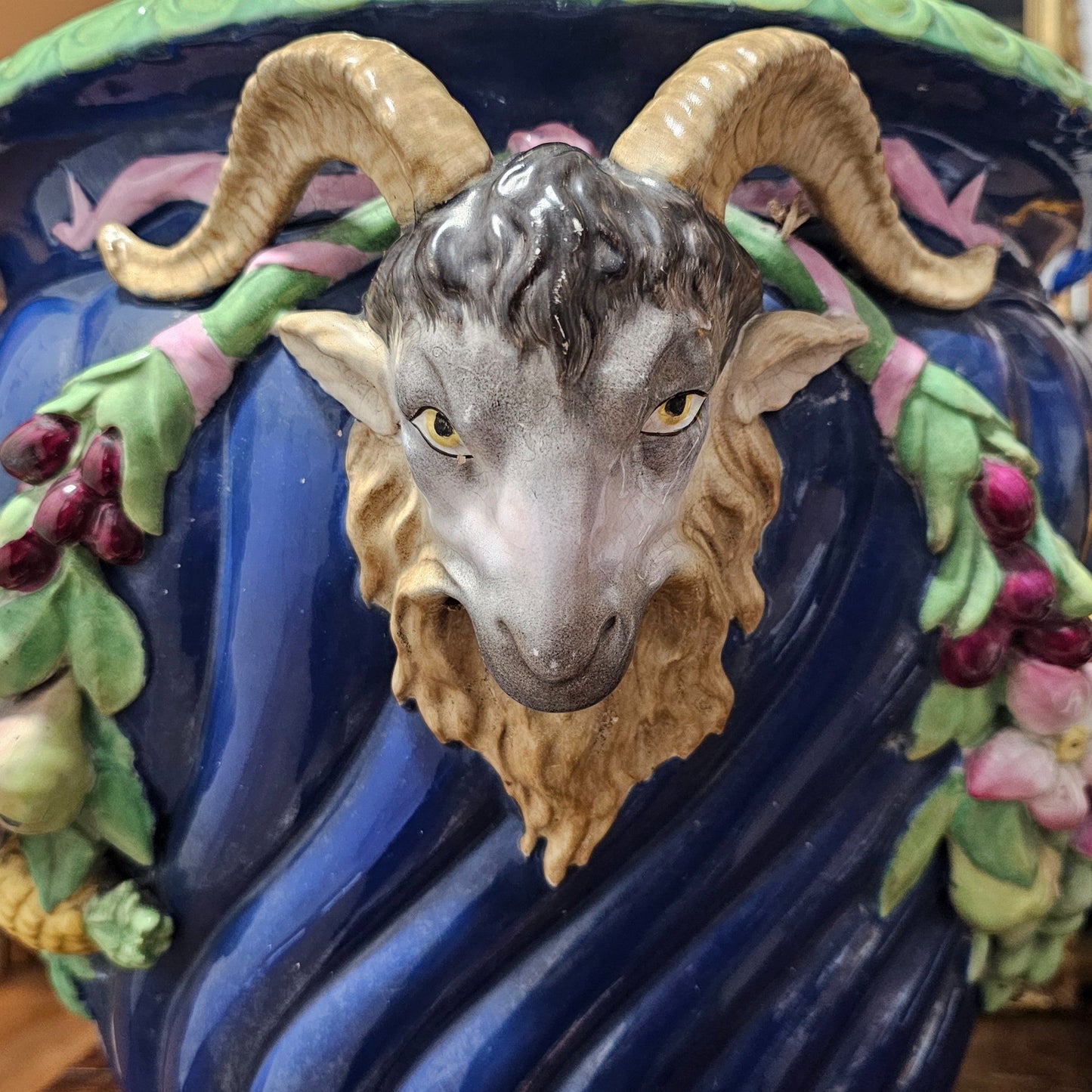 Huge Minton Majolica 'rams Head Garden Pot' Jardiniere C.1855 Designed By Baron Carlos Marochetti 49cm X 38cm