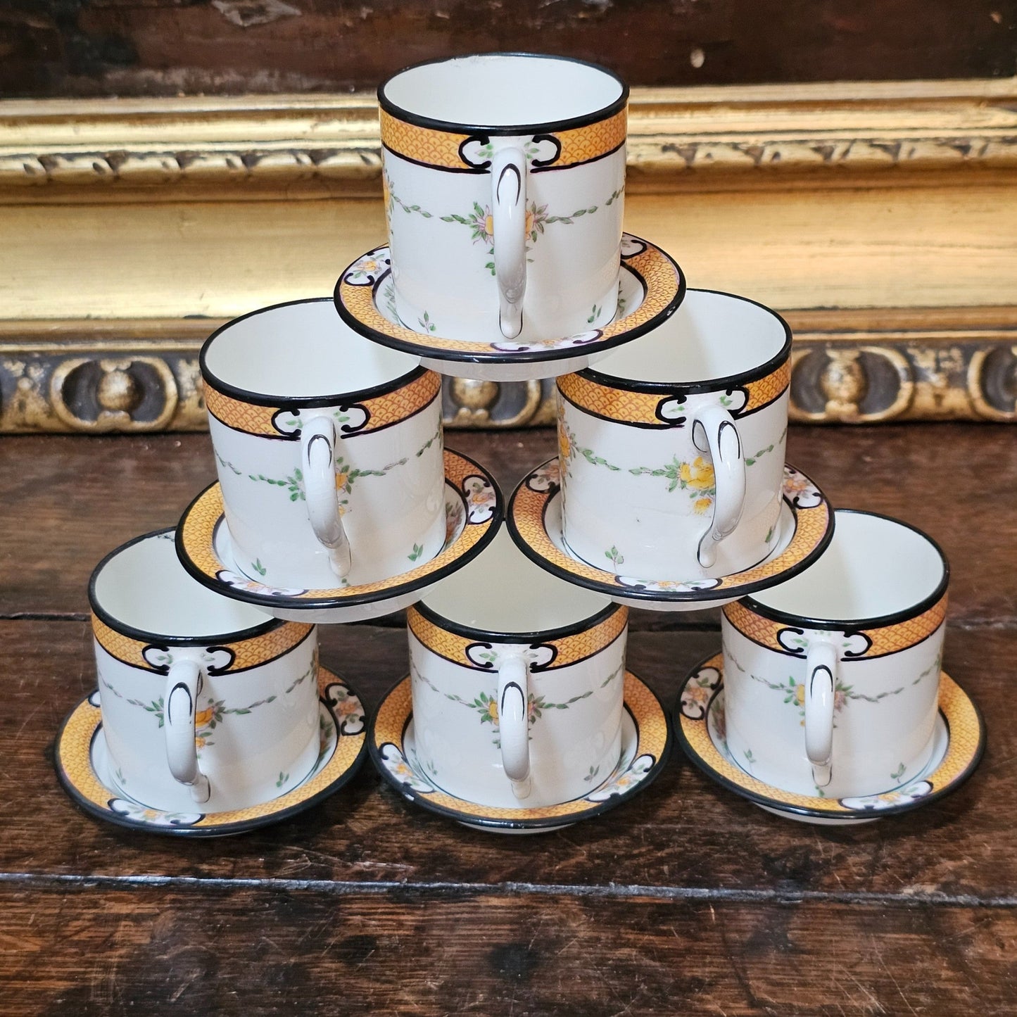 Exquisite Rare Mintons Yellow & Black Persian Rose Coffee Cans & Saucers C1900