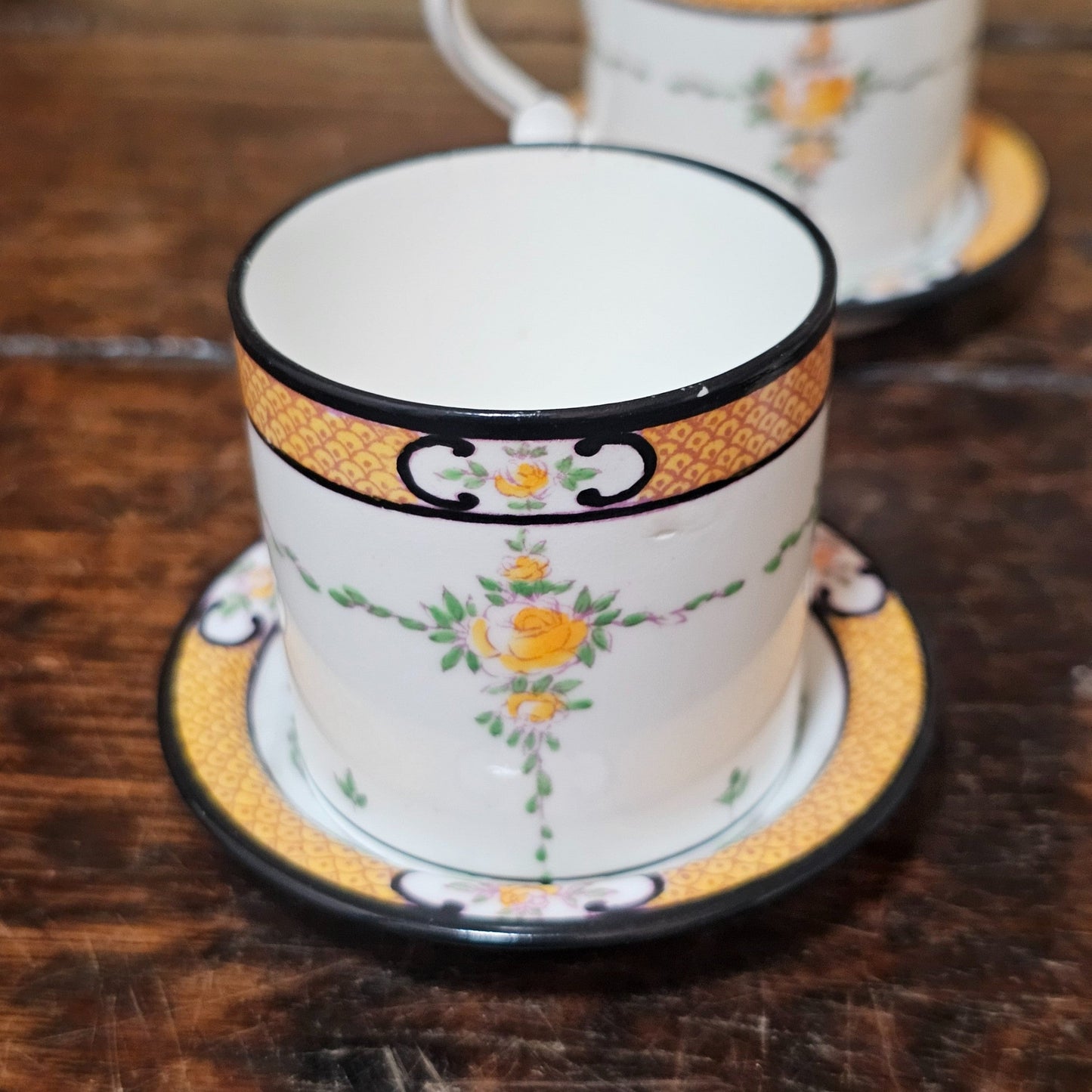 Exquisite Rare Mintons Yellow & Black Persian Rose Coffee Cans & Saucers C1900